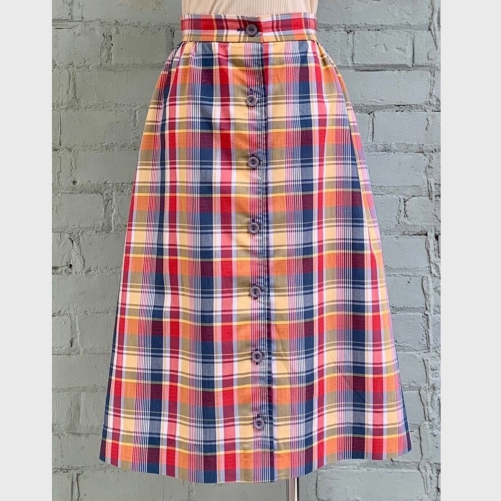 Vintage Plaid Button Front Midi Skirt